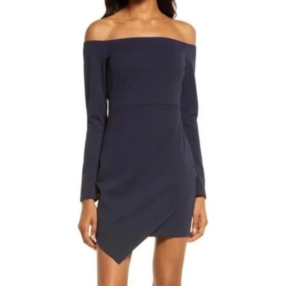 Lulu’’s Long Sleeve Off The Shoulder Asymmetrical Minidress - Picture 1 of 10